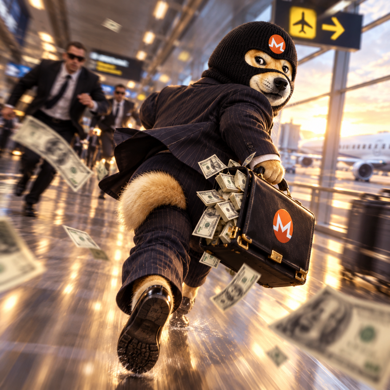 FRAUDDOG in a suit sprinting through an airport with a briefcase spilling cash, chased by agents