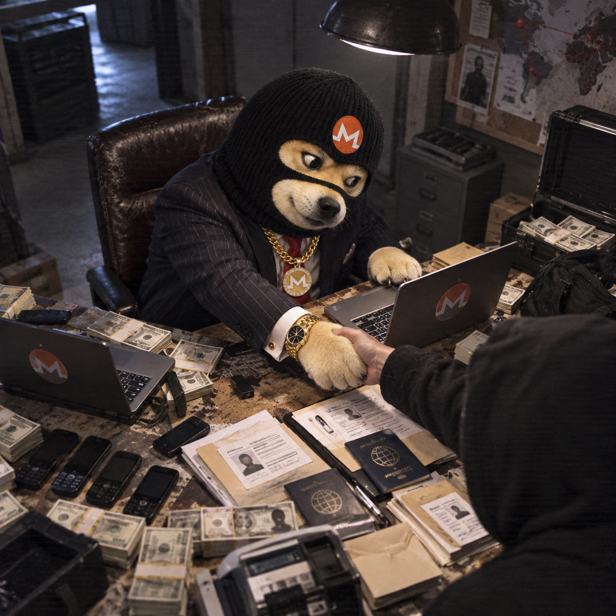 FRAUDDOG in a pinstripe suit at a desk covered in cash, burner phones and passports doing a shady deal