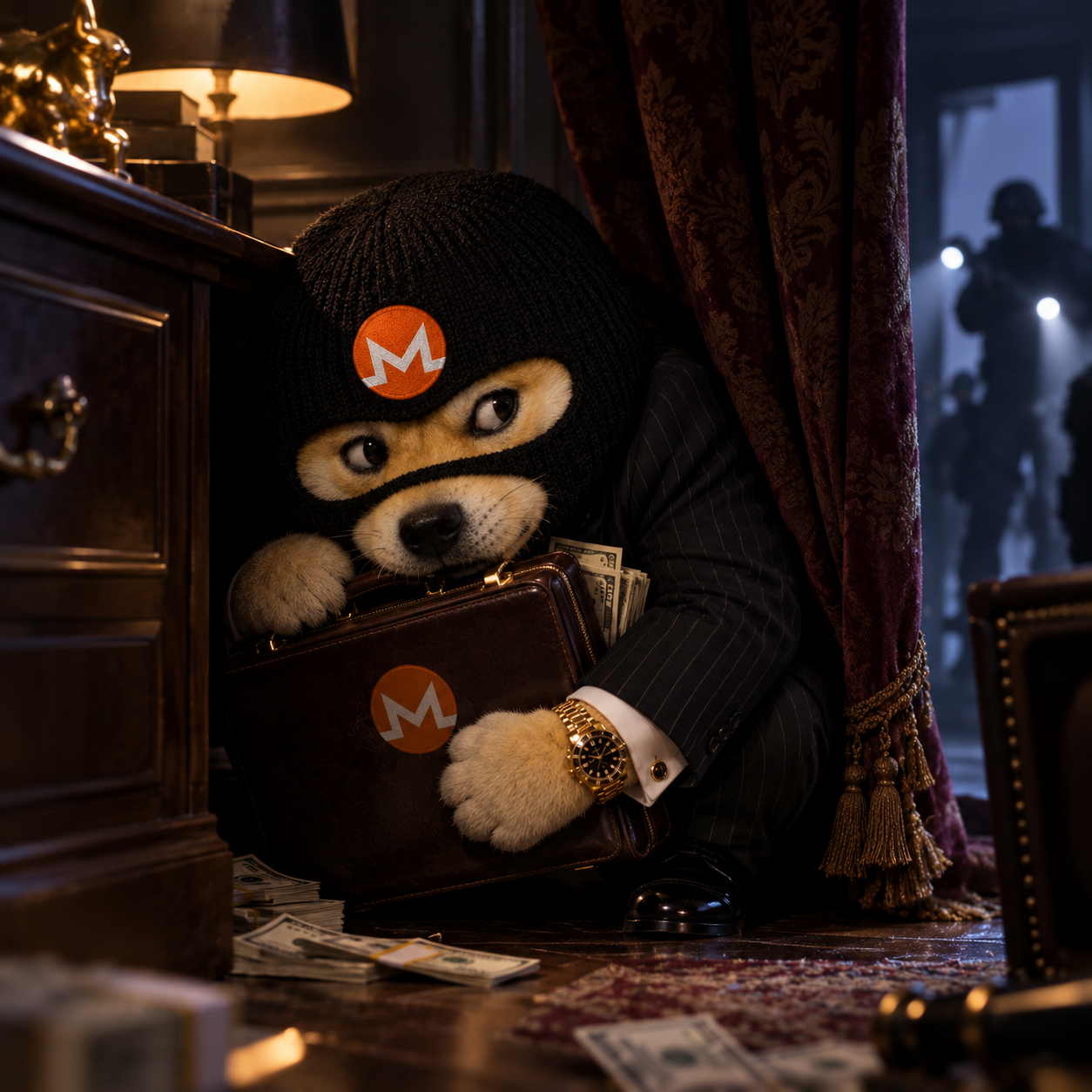 FRAUDDOG in a pinstripe suit hiding behind a curtain with a briefcase of cash while a SWAT team closes in