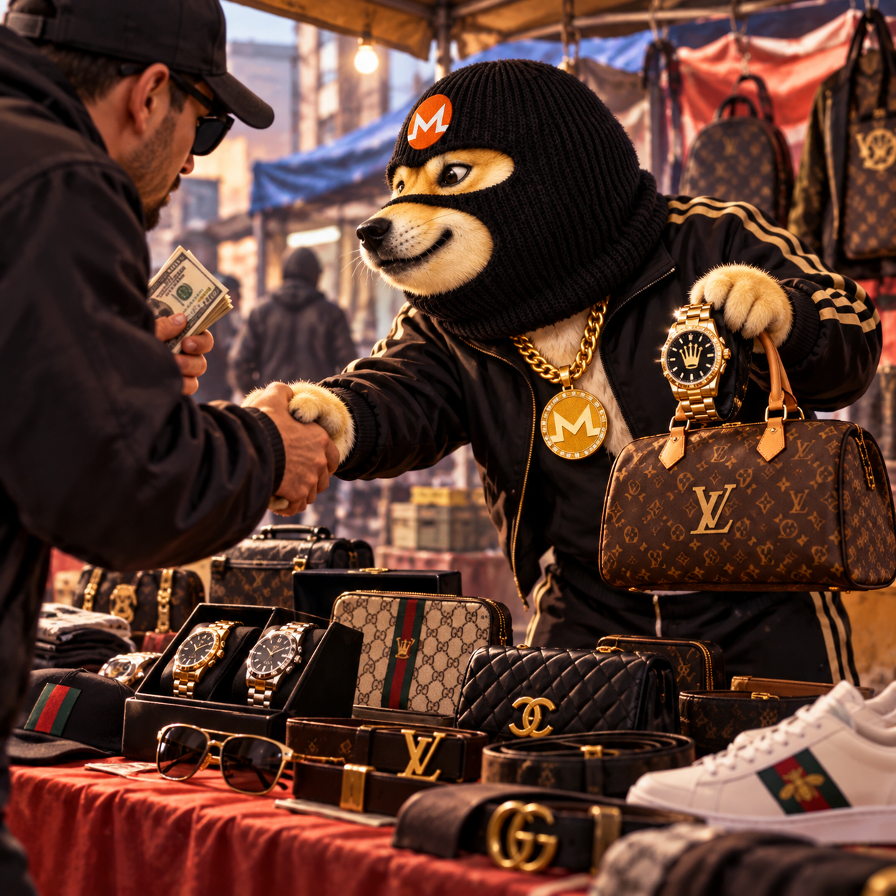 FRAUDDOG selling counterfeit designer bags and watches at a street market
