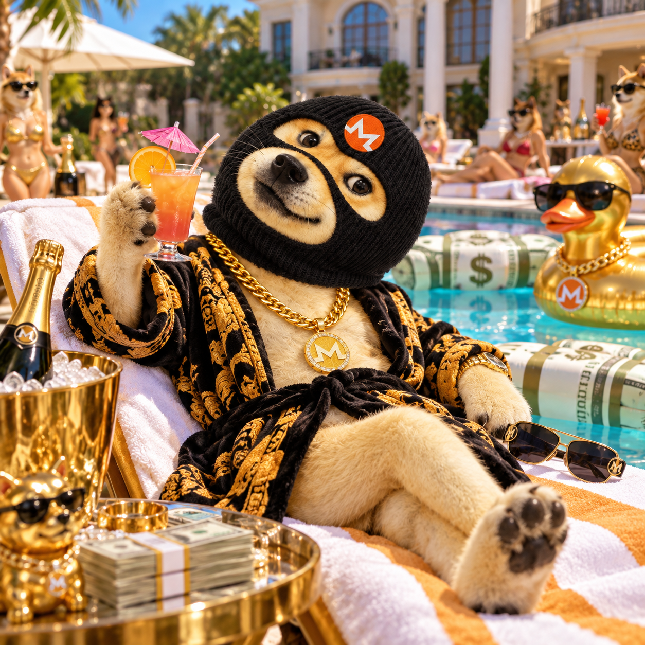 FRAUDDOG in a gold-patterned robe lounging poolside at a mansion with a cocktail, champagne and cash pool floats