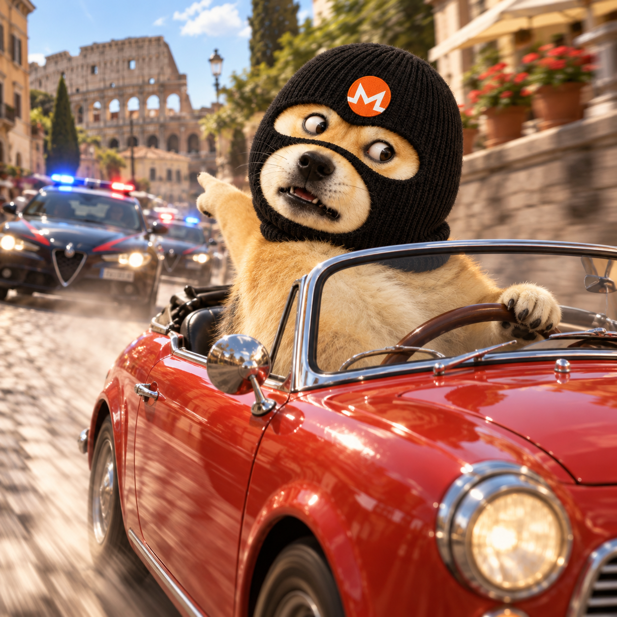 FRAUDDOG driving a red convertible past the Colosseum, chased by police